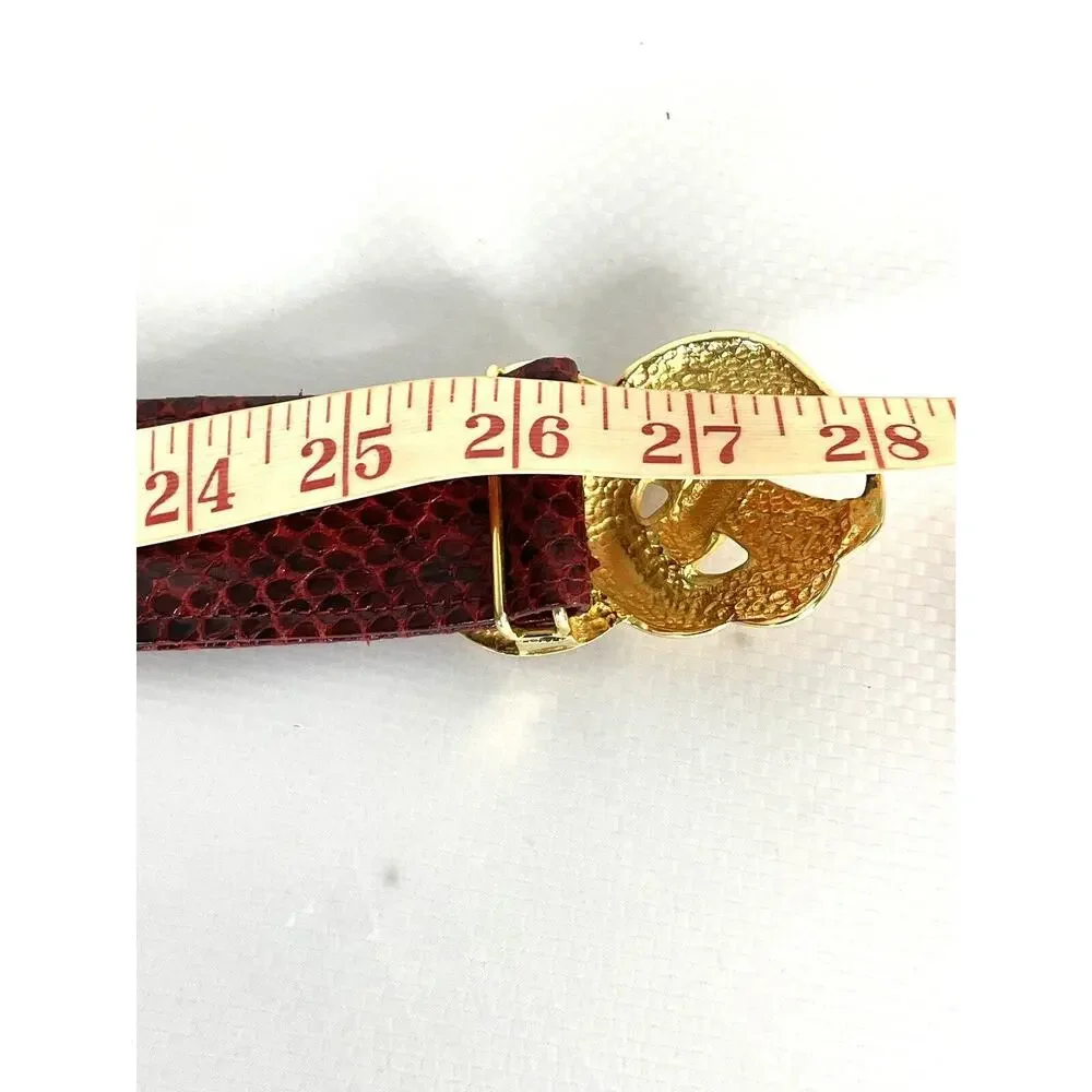 Adjustable Vintage ALEXIS KIRK 80s Red Reptile Gold Love Knot Buckle Belt Signed
